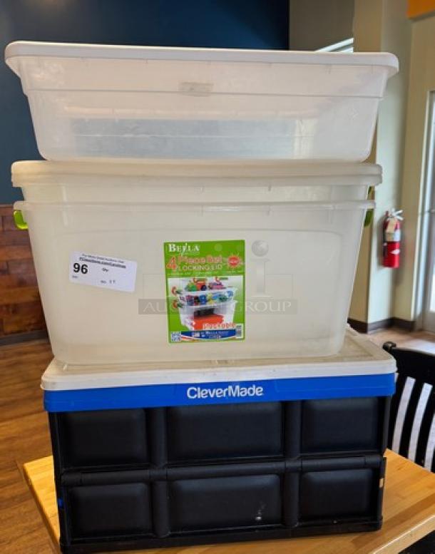 Assorted plastic totes, including Beyla and CleverMade models. Stack of three, varying sizes, good condition. Lot number 96 visible.