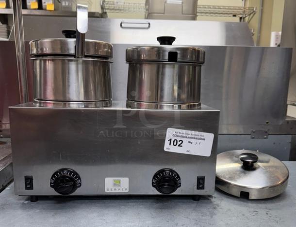 Server Chili Pot Warmer with two stainless steel pots, controls, and lid. Item number 102, good condition.