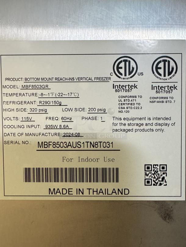 Label on Atqsa 2 Dr. Freezer, Model #MBF8503GR. Specs: 115V, 1Phase, tested and working, less than 3 months old. Made in Thailand.
