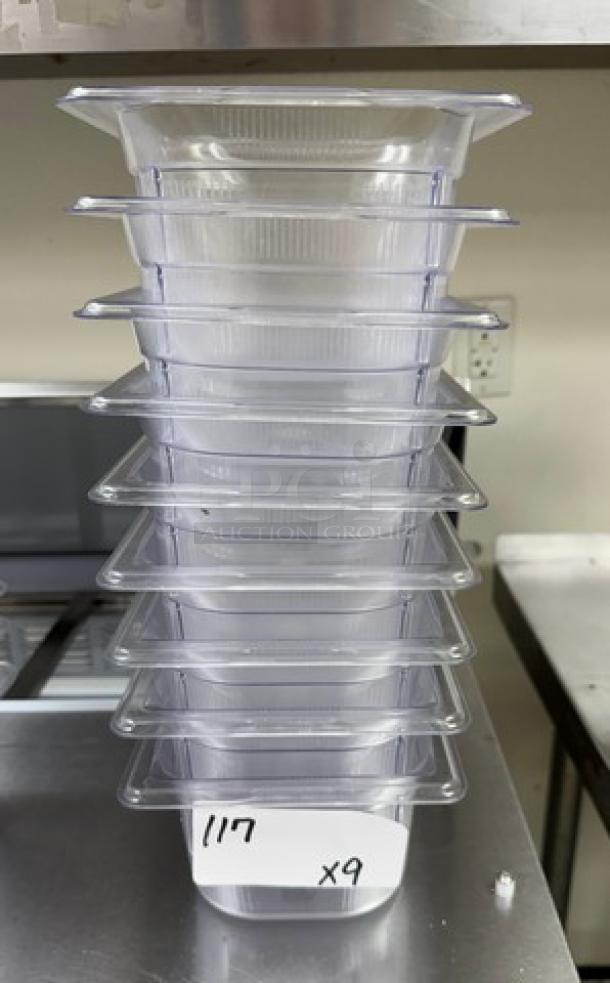 Vollrath Acrylic 1/6 x 4 Pans, stack of 9, clear acrylic, excellent condition, labeled "117 x9".