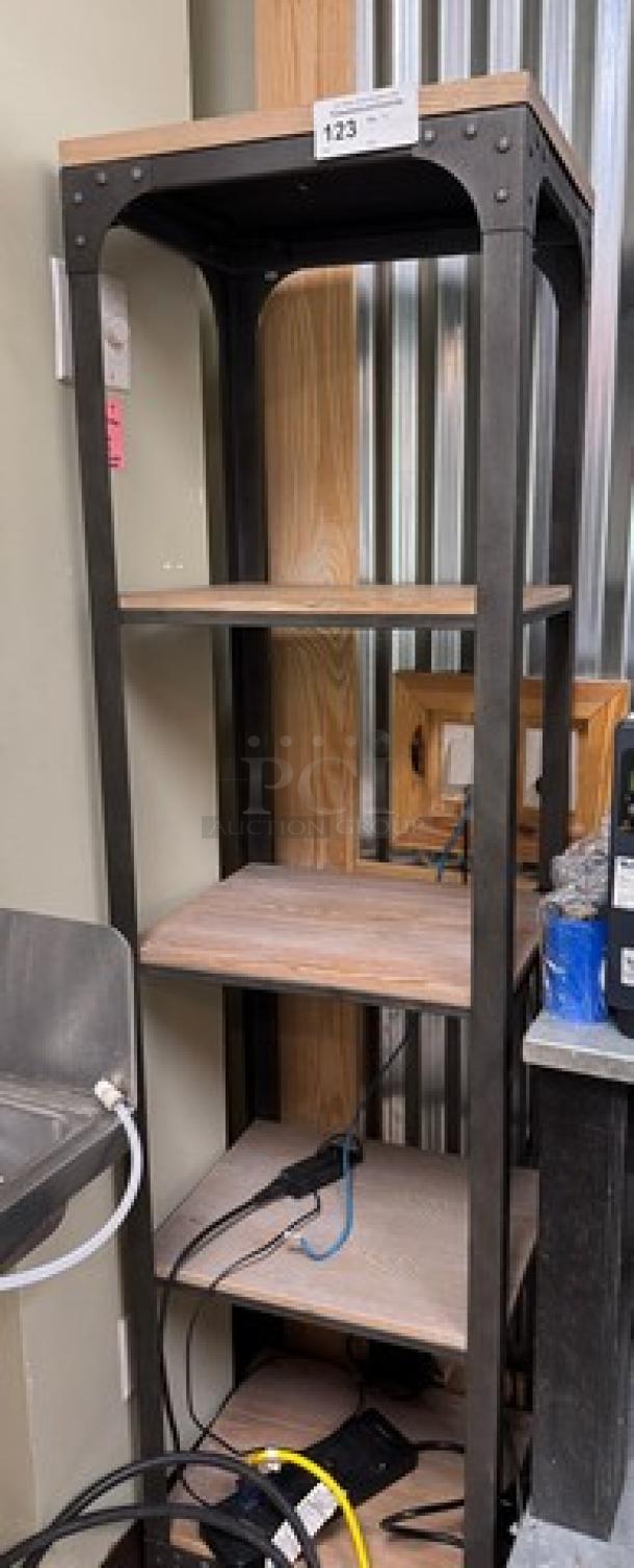 Metal and wood rack with 4 shelves, featuring a sturdy metal frame and wooden shelves, in good condition. Item number 123 displayed.