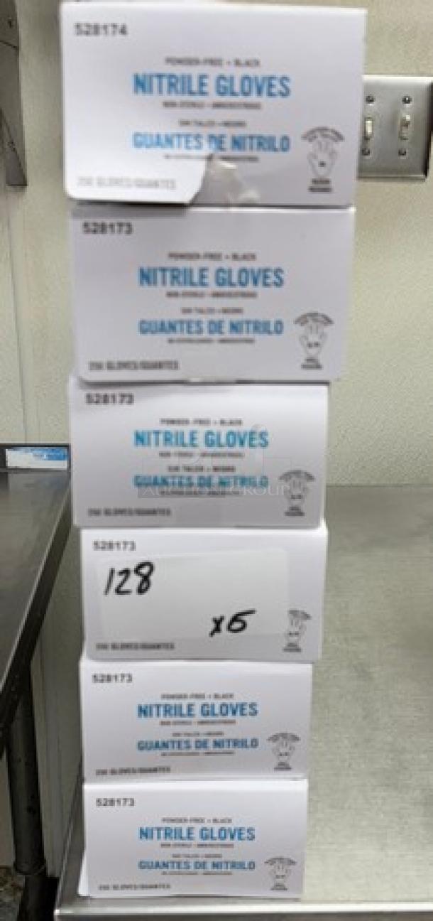 Stack of six boxes of Nitrile Disposable Gloves, size S/P, model 528173. Each box labeled "Powder-Free, Black." Boxes in new condition.