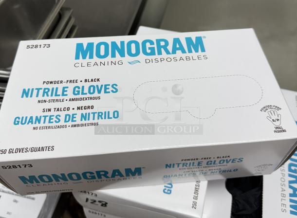 Monogram Nitrile Gloves, powder-free, black, size small, 250 count. Non-sterile, ambidextrous. Box marked "528173."