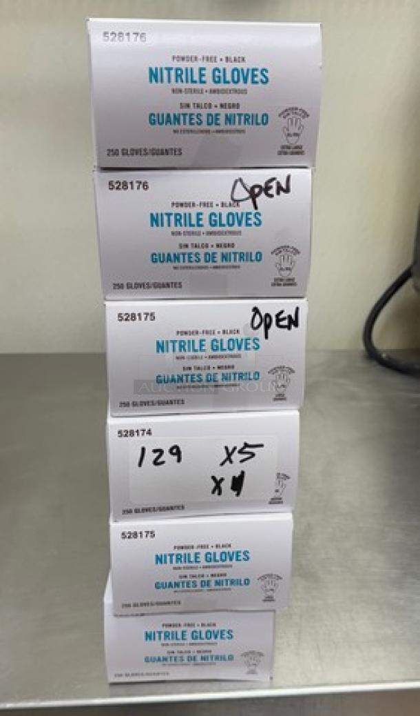 Six boxes of nitrile disposable gloves, marked size medium and large. Boxes labeled as open. Each contains 250 gloves.