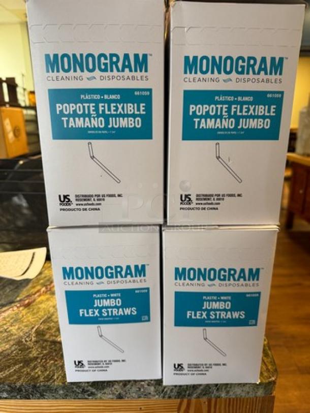 Monogram Jumbo Flex Straws, new in box, 4 packs. White plastic, disposable. Box labeled in English and Spanish.