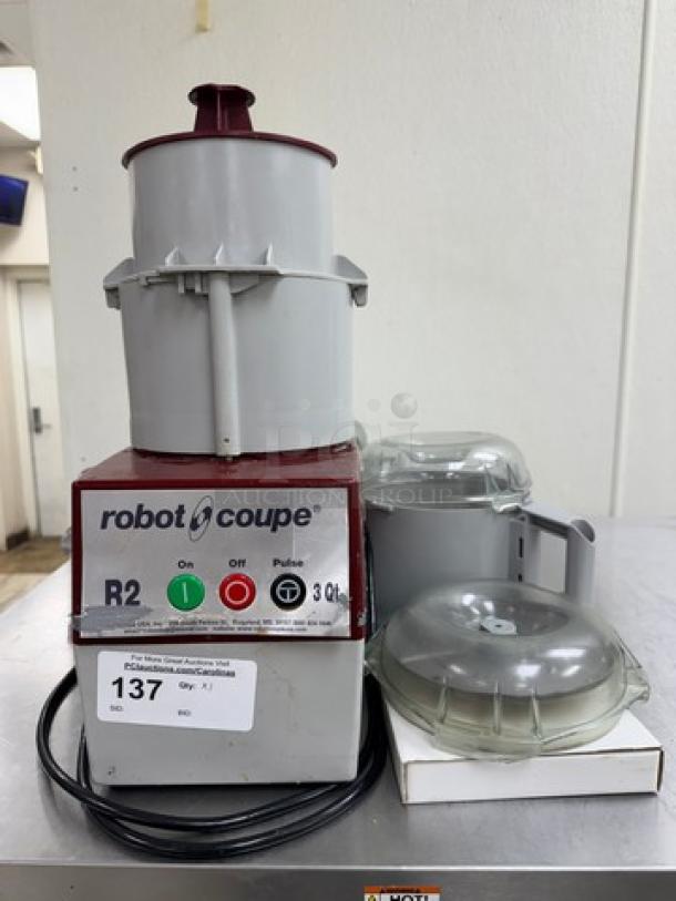 Robot Coupe 3 Qt. Mixer, model R2, with extra blades and 2 containers. Tested, working condition, visible control panel.