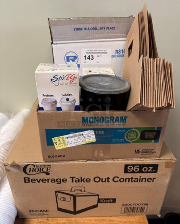Assorted coffee items including take out cups, lids, stirrers, and kraft containers. Boxes labeled Monogram and Choice.