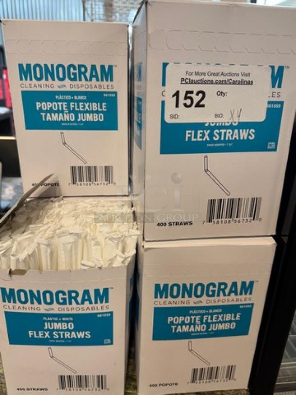Monogram Jumbo Flex Straws, bulk pack of 400, flexible plastic, new condition, visible auction tag.