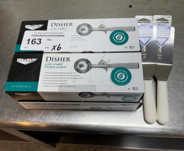 NEW Vollrath Disher Serving Scoops and 2 Dexter Turner Spatulas, with original packaging, 6 sets available.