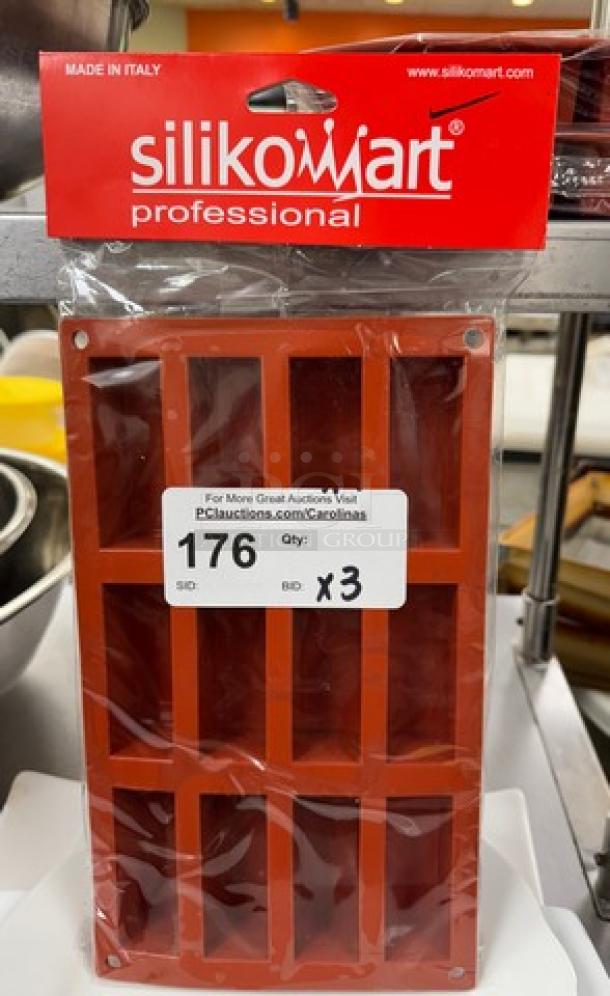 NEW Silikomart silicone baking molds, set of 3. Made in Italy, professional quality, red color, rectangular design in packaging.