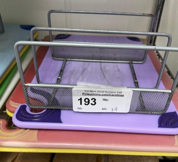 Set of cutting boards with metal rack; includes one 12x18 and two 15x20 boards. Auction label shows item number 193.