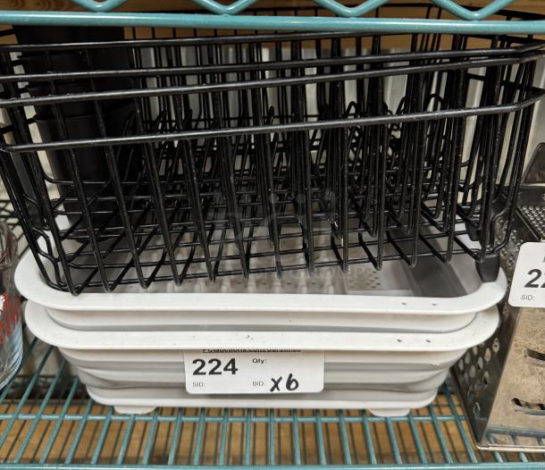 Six dish drainers including four standard and two collapsible ones, labeled "224," with a bid quantity of six.