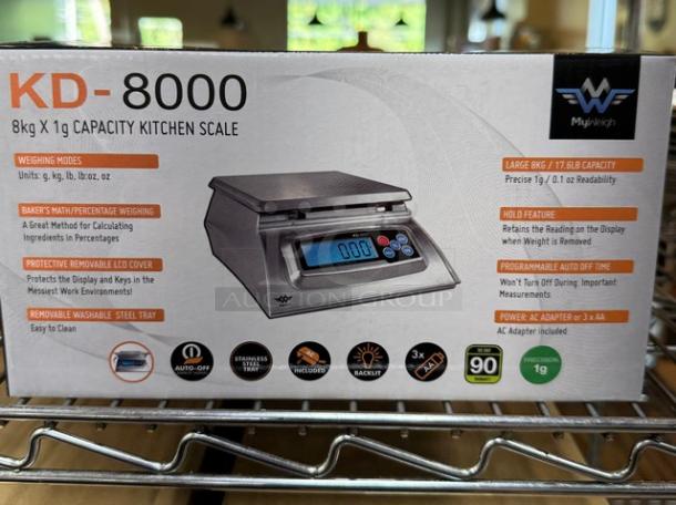 New Myweigh KD8000 kitchen scale, 8kg capacity, LED cover, washable tray, model KD8000, in original box.