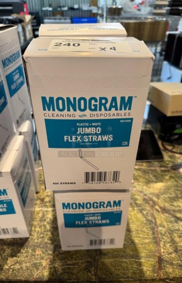 Monogram Jumbo Flex Straws, 240 count per box, plastic, white. Visible packaging with product details and barcode.