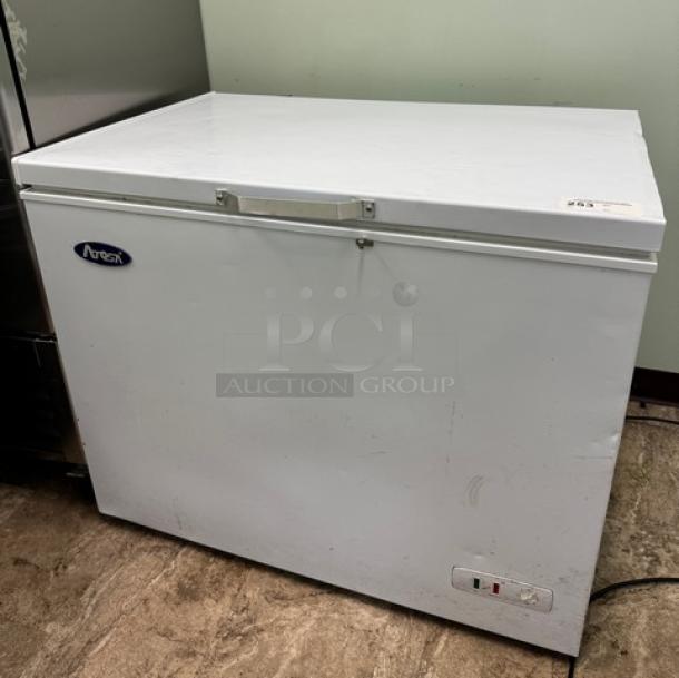 Atqsa chest freezer, white, tested and working, front view, with Atqsa logo and control panel visible on bottom right.