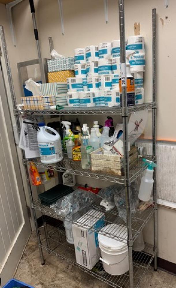 Metal wire rack with 4 shelves, empty, in good condition. Contents not included. Adjustable shelf heights.