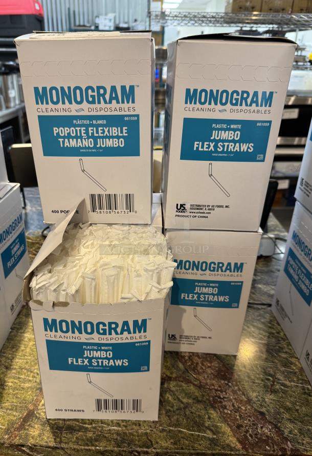 Monogram Jumbo Flex Straws in original packaging, 5 boxes, each containing 400 plastic, white straws.
