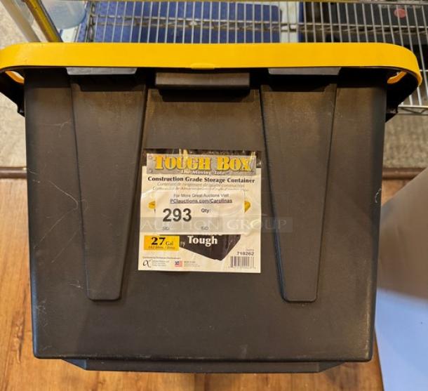 Tough Boy 27 Gal Construction Grade Storage Container, black with yellow lid, durable plastic, visible label with capacity info.