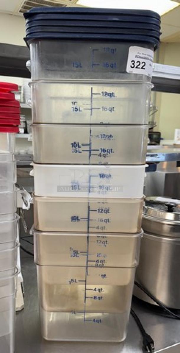 Stack of six 18 Qt. square containers with measurement markings, each with a lid. Good condition; includes auction tag 322.