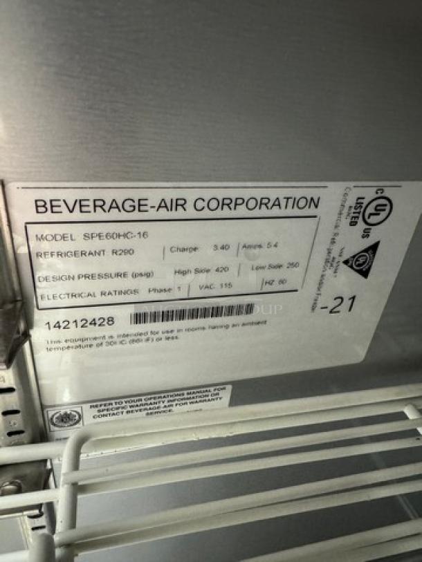 Beverage-Air refrigerated prep table, Model SPE60HC-16, tested and working, refrigerant R290, stainless steel.