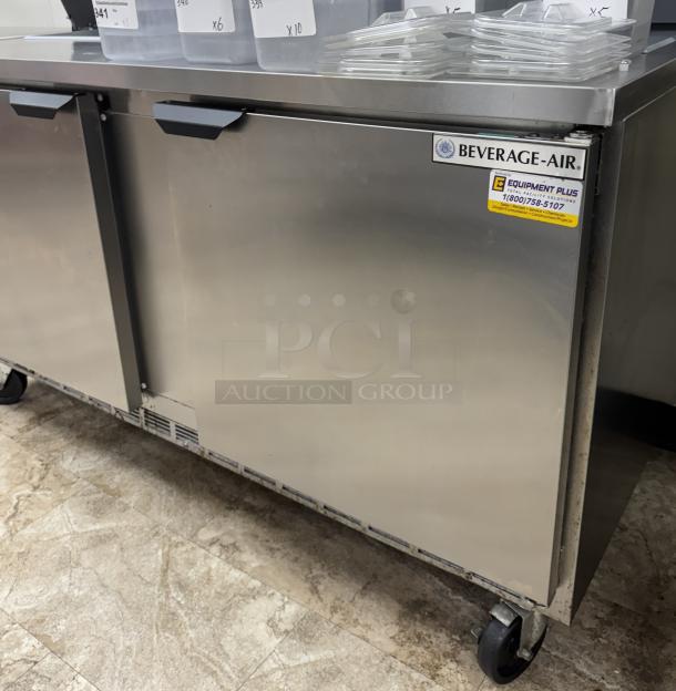 Beverage Air refrigerated prep table, model SPE60HC-16, stainless steel, tested working, visible branding and contact sticker.