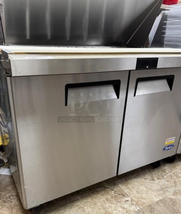 Atqsa Refrigerated Prep Table, model #MSF83D6GR, stainless steel, tested and working, with double doors.