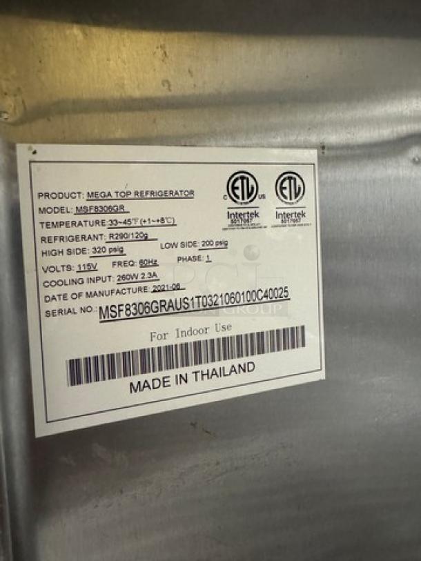 Atqsa Refrigerated Prep Table, Model MSF83D6GR, serial MSF8306GRAUST0321060100C40025, temperature 35-45°F, made in Thailand.