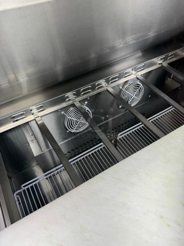 Atqsa Refrigerated Prep Table, Model MSF83D6GR, stainless steel, tested and working, interior view with cooling fans.