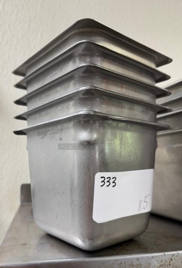 Vollrath stainless steel pans, sizes 1/6 x 6 and 1/6 x 4, stack of 5, shown with label "333 x5."