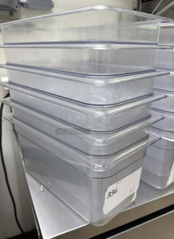 Stack of six Vigor Acrylic Pans, 1/3 size by 6 inches, clear, in excellent condition with visible label "336."