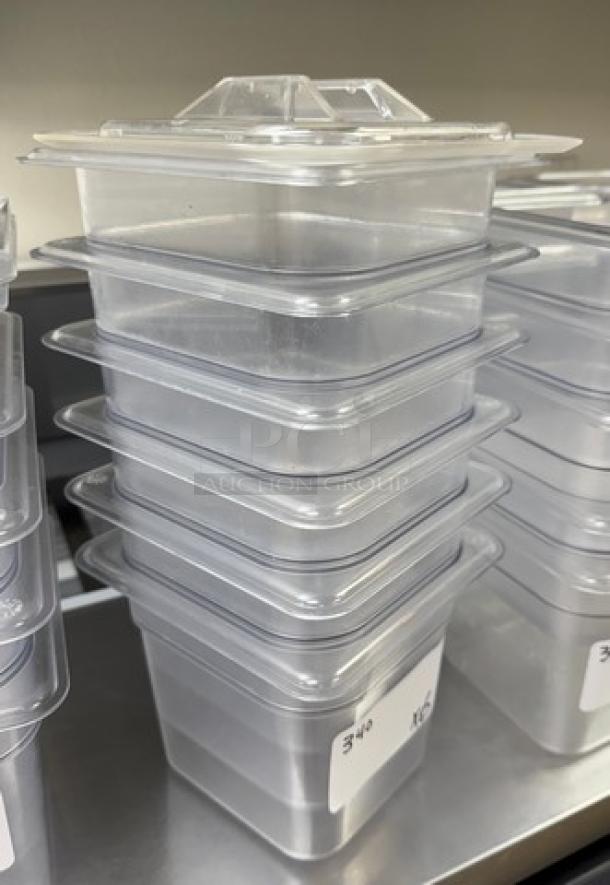 Vigor Acrylic Pans 1/3 x 6 with 6 lids, stackable, transparent, labeled $3.40 each, durable kitchen storage solution.