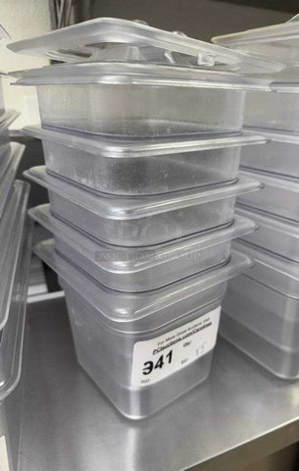 Stack of Vigor acrylic pans, 1/3 size, 6-inch depth, includes 2 lids, 5 sets available, label with auction details visible.