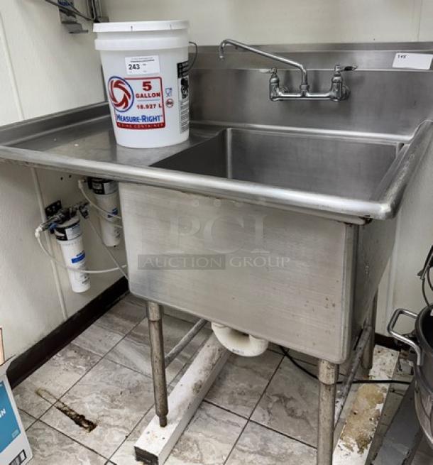 Allstrong 1 compartment sink with left-side drainboard and faucet, stainless steel, includes a bucket, used condition.