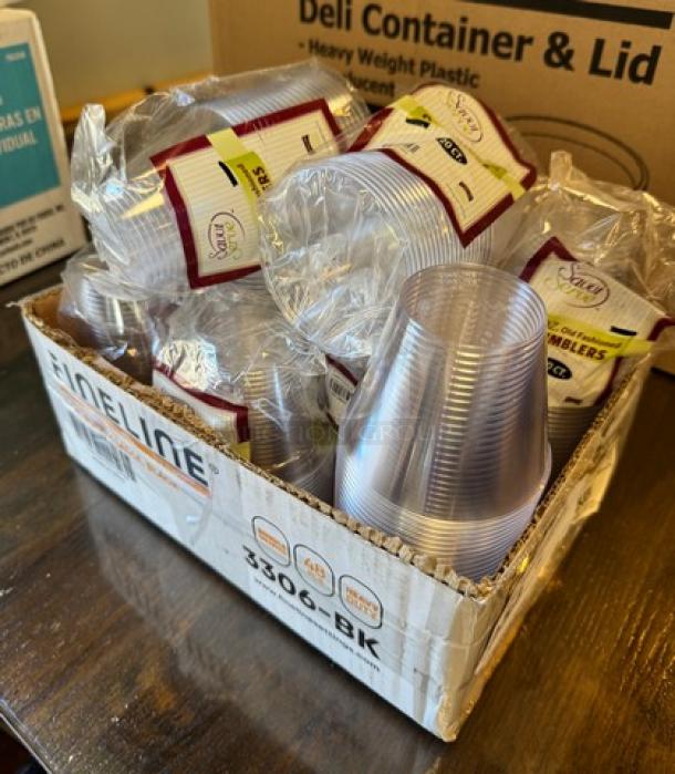 New 9 oz Savv1 Serve plastic tumblers in packaging, 9 packs, transparent, sturdy design, suitable for parties or events.