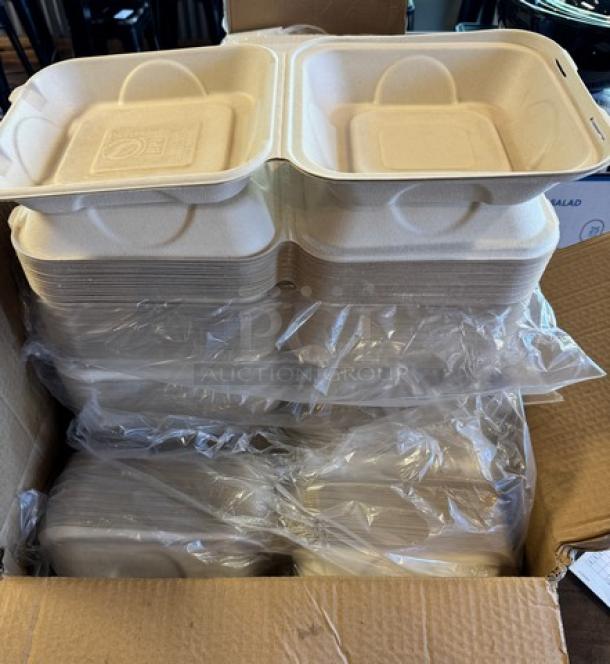 Stack of paper take-out trays in open box, eco-friendly design, new condition, includes seven packs, ideal for food service.