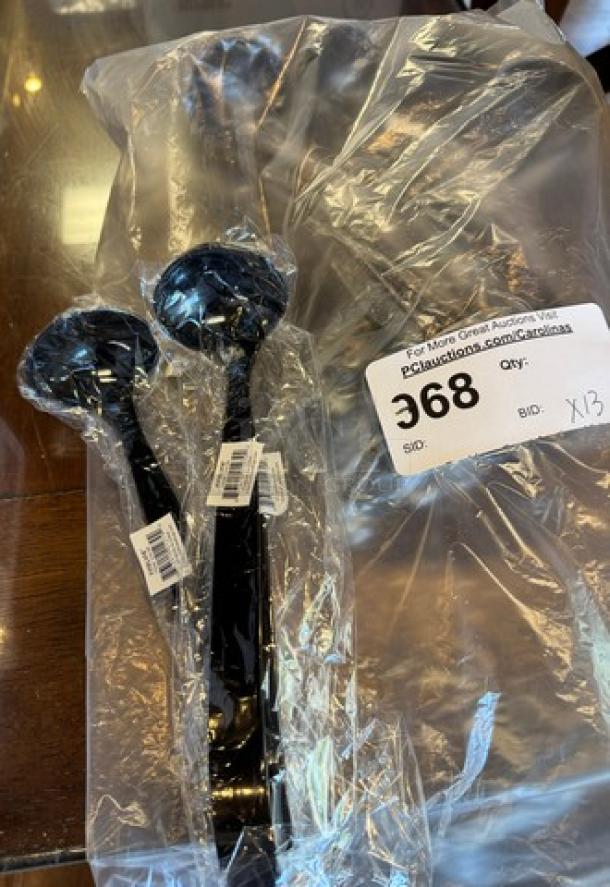 New small plastic serving ladles, set of 13, sealed in clear packaging, with auction label showing lot number 368.