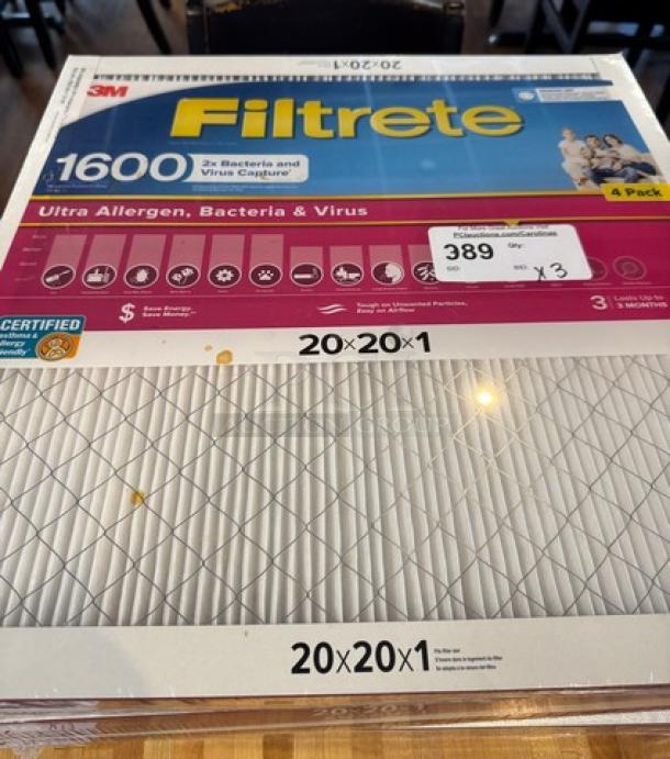 Filtrete 1600 Filters, 20x20x1, 4-Pack. Reduces allergens, bacteria, virus. Bid sheet visible, 3 bids.