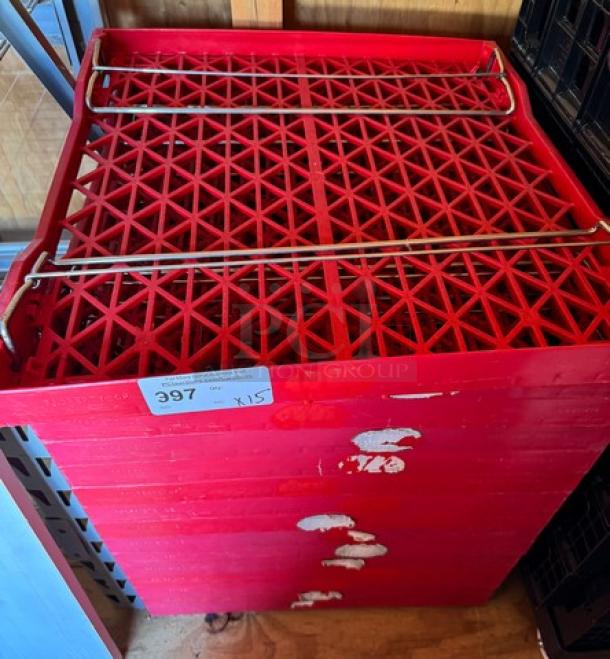 Red collapsible trays, stack of 15, grid design, metal hinges, visible wear. Tag reads "397 x15".