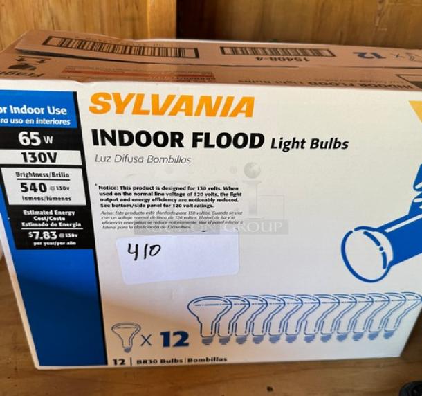 Sylvania Indoor Flood Light Bulbs, 65W, case of 12. Box labeled BR30 bulbs, 540 lumens, for 130V indoor use.
