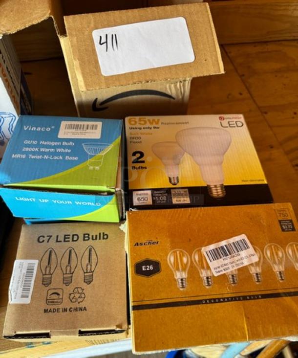 Assorted light bulbs including Vinaco halogen, Feit LED 65W, C7 LED, and Ascher decorative bulbs in original packaging.