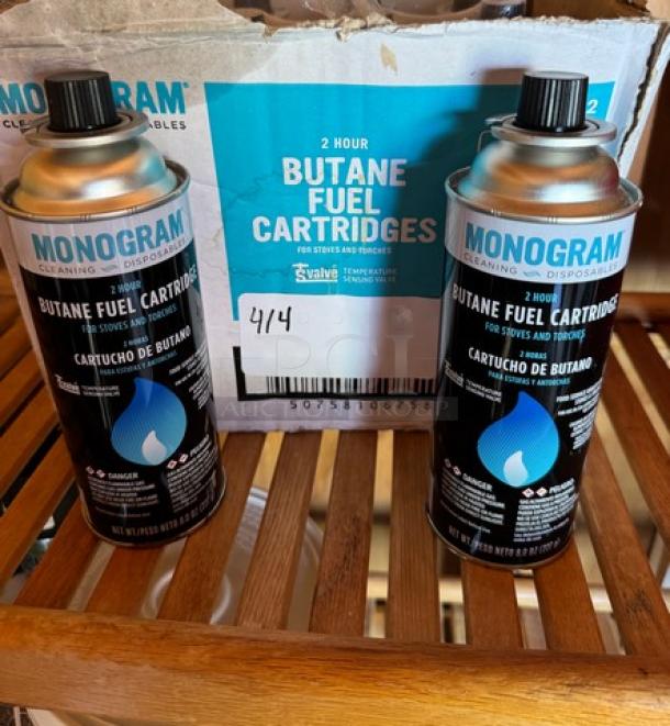 Monogram Butane Fuel Cartridges, 2-hour, 10x pack, shown with box. Suitable for stoves, in new condition.