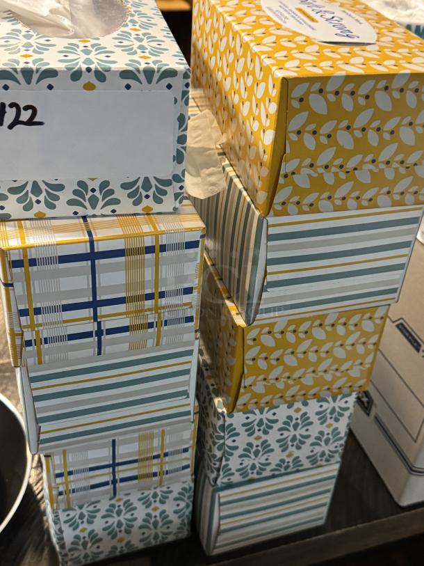 Full and opened boxes of Soft & Strong facial tissue with various patterns; 5 full, 5 opened, auction lot of 10.