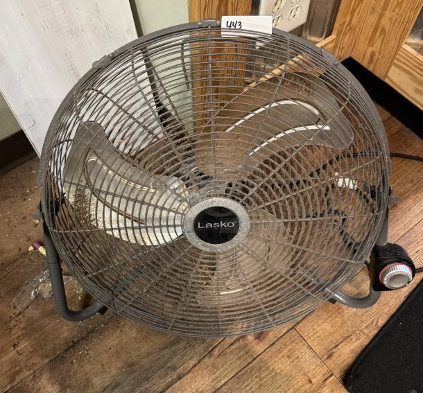 Lasko floor fan with metal blades, gray frame, adjustable speed dial, in used condition. Label marked "443".