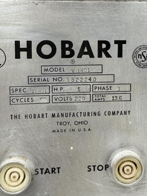 Hobart V-1401 commercial mixer label, model number, 5 HP, 3 phase, 220V, manufactured in USA.