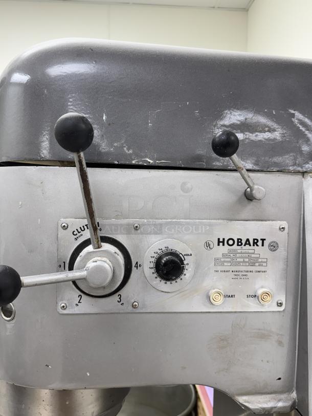 Hobart V-1401 commercial mixer, 120 Qt. bowl, 3-phase, 220V, includes dough hook, paddle, tested working, control panel close-up.