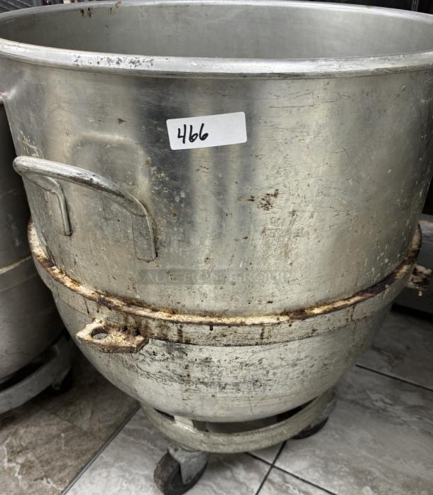 128 Qt. mixing bowl with dollie, metal, used condition, visible wear and rust, item number 466.