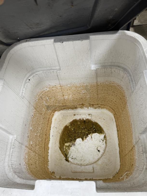Rubbermaid 28 Gal dry storage container, white with visible dirt and stains inside, indicating need for cleaning.