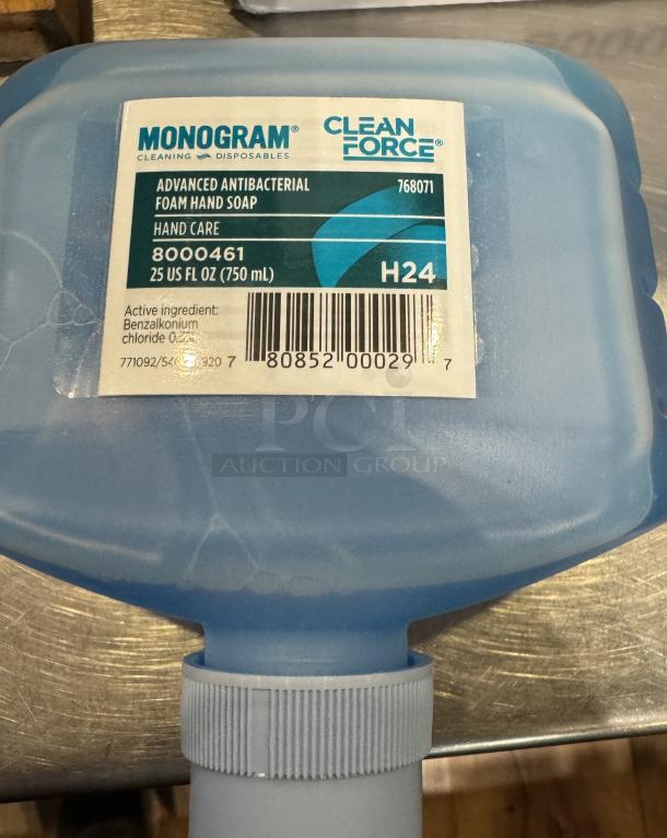 Monogram foam hand soap bottle, 750 ml, with label showing benzalkonium chloride content and barcode.