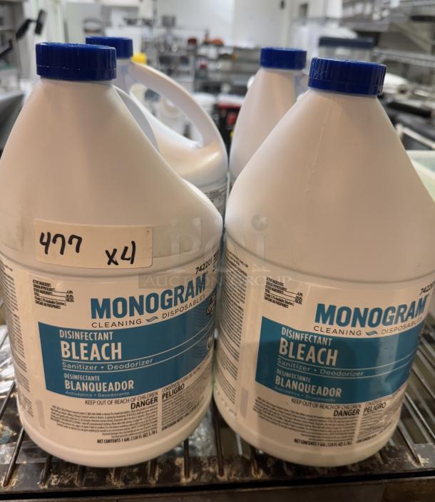 Monogram 1 Gal Bleach set of 4, sanitizer and deodorizer, blue caps, labeled "477 x4," good condition.
