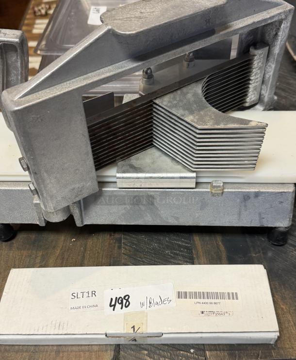 Nemco slicer with new blades, metal construction, SLT1R model, made in China. Includes packaging labeled "498 w/ blades."